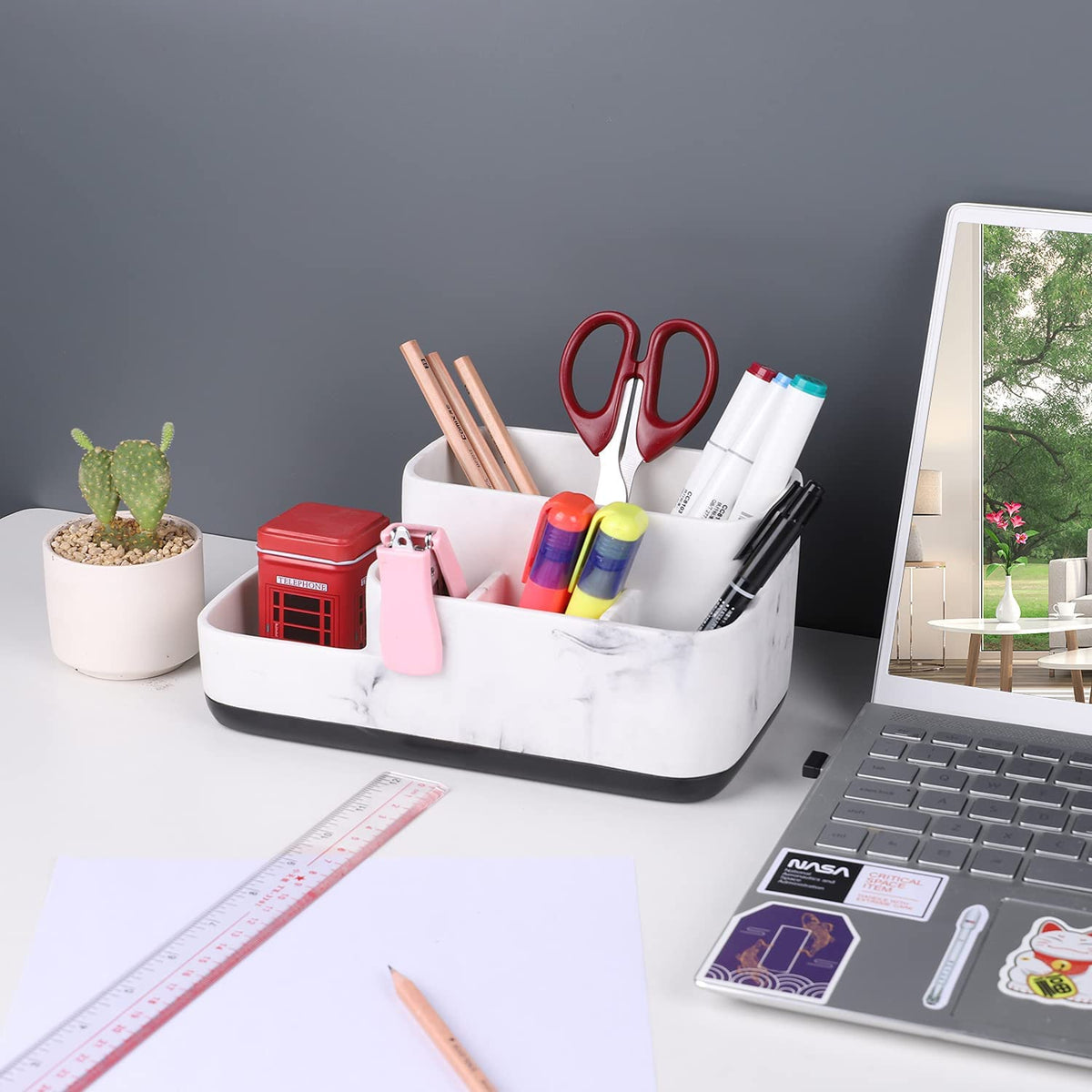 Multi-Functional Toothbrush Holder and Organizer - Elegant White Marble Countertop Storage for Makeup, Skincare, and Accessories