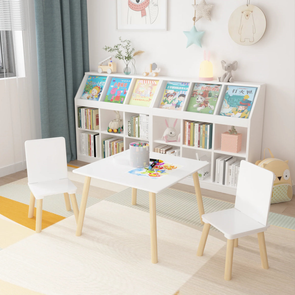White Wooden 3-Piece Toddler Activity Table and Chair Set, Durable Solid Wood and MDF Construction, Compact Design for Indoor Use